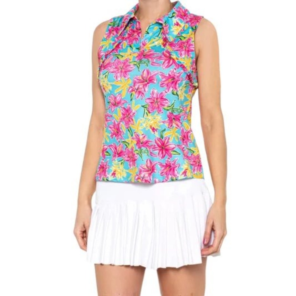 Gottex Golf Top Womens Size Large Floral Polo Ruffles Preppy Country Club Tennis